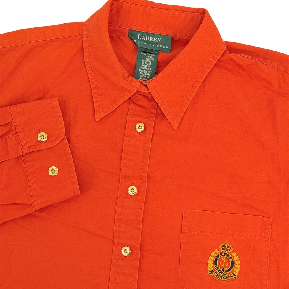 Vintage Ralph Lauren Button Down Shirt Womens L Orange Preppy Crest Gold Buttons